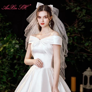 AnXin SH princess, белое свадебное платье из французского ретро-атласа, винтажное бальное платье с вырезом лодочкой и большим бантом, простое свадебное платье невесты на шнуровке