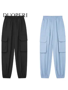DUOPERI / Женские модные однотонные брюки-карго с карманами, Винтажные брюки для бега, Женские шикарные брюки с высокой эластичной талией