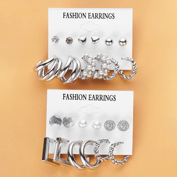 FNIO Винтажный набор сережек для женщин Геометрического серебристого цвета, металлические серьги для девочек, вечерние украшения для путешествий, подарки
