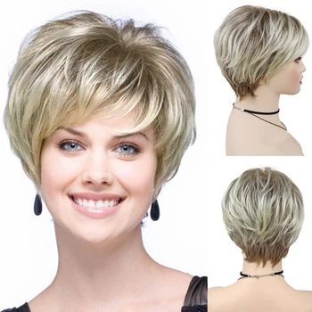 GNIMEGIL Синтетические волосы Светлый парик с челкой Натуральный короткий парик для белой Женщины Высокотемпературный Блонд Омбре Мамочкин парик на каждый день