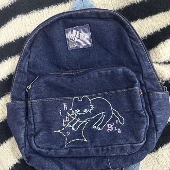 MBTI, винтажные женские рюкзаки в японском стиле, джинсовые, с милой мультяшной вышивкой, синий рюкзак, Студенческий кот, Кавайная модная женская сумка