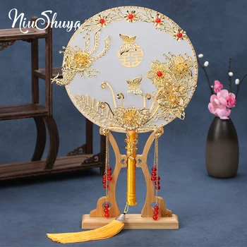 NiuShuya Новый Свадебный Веер, Китайский Винтажный Шелковый круглый веер ручной работы с цветком, Старинный золотой веер, свадебные аксессуары