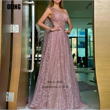 OEING Блестящие пыльно-розовые платья для выпускного вечера трапециевидной формы с длинным рукавом на одно плечо в Дубае, женские вечерние платья для официальных вечеринок, платье