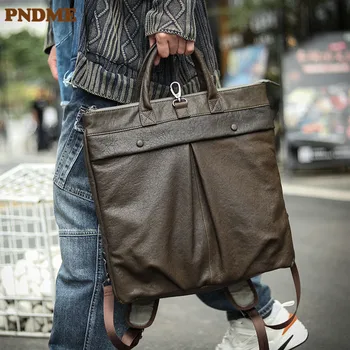 PNDME Простая дизайнерская сумка для отдыха из натуральной кожи, мужской 15-дюймовый портфель для ноутбука, многофункциональная сумка из мягкой воловьей кожи