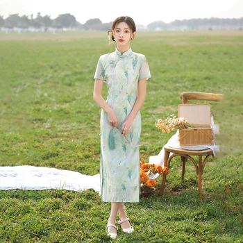 Qipao в китайском стиле, Весенне-летнее Маленькое женское повседневное модное тонкое длинное платье в китайском стиле с принтом