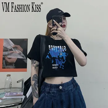 VM FASHIONOM KISS 2023, летняя новинка, Корейский стиль, Короткий укороченный топ в стиле ретро с принтом бабочки, приталенная футболка с коротким рукавом