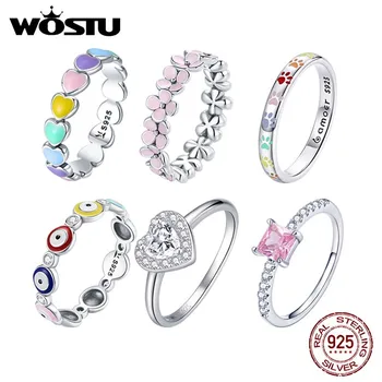 WOSTU, аутентичное серебро 925 пробы, радужное сердце, Лапчатый глаз, Розовый цветок, Обручальные кольца с цирконием Для женщин, Женские оригинальные ювелирные изделия