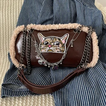 Xiuya Винтажная сумка через плечо, Женская сумка из искусственной кожи в британском стиле, Новая модная однотонная дизайнерская сумка с цепочкой и принтом Кота под мышками