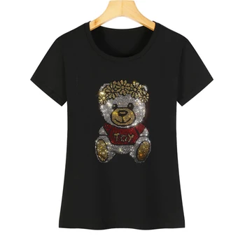 Блестящая футболка с горячей дрелью, женская летняя футболка с коротким рукавом, изысканная креативная футболка с рисунком медведя и кристаллами, O-образный воротник, мягкий хлопок, женские