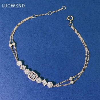 Браслет LUOWEND из 100% белого или розового золота 18 Карат, Романтический браслет с двойной цепочкой в виде пузырьков, браслет с настоящими натуральными бриллиантами для женщин