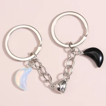 Брелок с эмалью, кольцо для ключей с Лунным камнем, сердце, Магнитная кнопка, брелки для пары, аксессуары для сумок, ювелирные изделия 