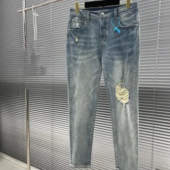 Вдохновитель Японии, Мужские джинсы, Осень 2023, MMJ, вышивка в виде головы Черепа, промытые дырки, Старая Уличная мода, приталенные прямые брюки