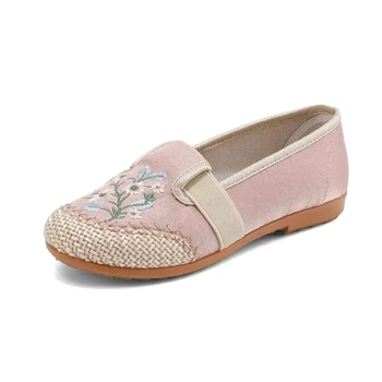 Весенне-осенняя детская тканевая обувь, Мягкая подошва, хлопок для девочек, Удобная элегантная обувь с вышивкой в стиле ретро