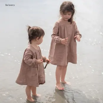Весенне-осенняя одежда для девочек 2022 года, Новое Детское платье из хлопка и льна с длинными рукавами в стиле ретро, платье сестры, Детская юбка для девочек