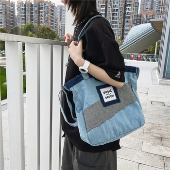 Джинсовая Женская сумка Тренд 2022, Корейская сумка через плечо Большой емкости, Студенческие женские сумки, Джинсы, эко-сумки для больших покупателей