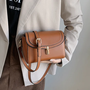 Дизайнерская сумка через плечо, женская Винтажная коричневая сумка-мессенджер с клапаном, простые однотонные сумки через плечо для девочек, маленькие сумки