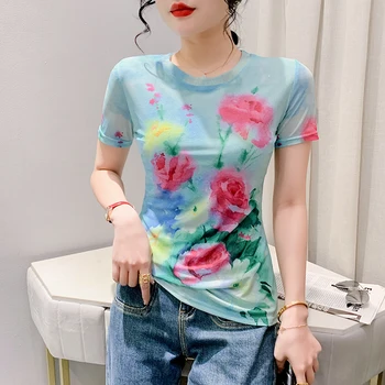 Женская одежда Лето 2023, Корейская уличная одежда Y2k, Женские футболки с коротким рукавом, Эластичный тонкий топ с круглым вырезом и принтом