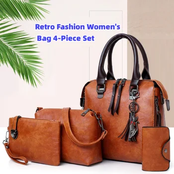 Женская сумка, набор из 4 предметов, Женская сумка через плечо, модный кошелек, Винтажная кожаная сумка, сумка большой емкости, наклонная сумка через плечо