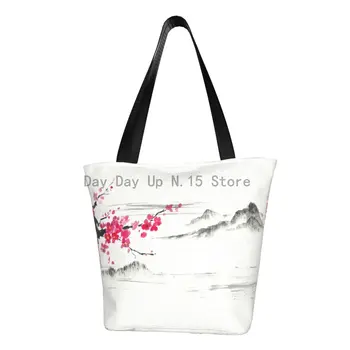 Забавные сумки-тоут для покупок в виде дерева Сакура, цветущей вишни, Многоразовые японские сумки для покупок с цветами, холщовая сумка для покупок через плечо