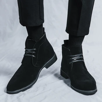 Зимние мужские черные замшевые ботинки, теплые плюшевые ботинки внутри, повседневная обувь, Ботинки на платформе, ботильоны-дезерты, большой размер： 38-48