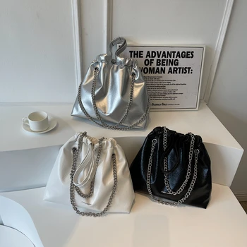 Кожаные сумки через плечо 2023 Тренд Корейской моды Y2k, Винтажные роскошные дизайнерские мягкие сумки, Женская Повседневная сумка-тоут из серебра и золота
