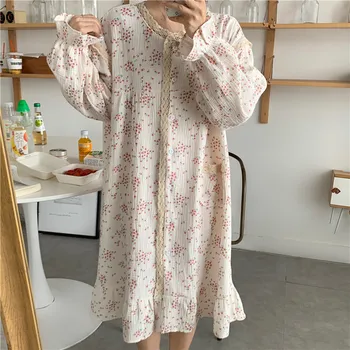 Корейская осенняя ночная рубашка с цветочным принтом, Женская кружевная одежда в стиле пэчворк, Свободная Домашняя одежда из хлопка с длинным рукавом, Милый Винтаж