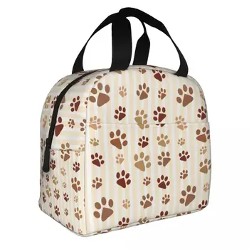 Коричневая сумка для ланча с рисунком собачьей лапы, изолированная для женщин, Переносной холодильник с отпечатками ног животных, Термальная коробка для Бенто, Рабочие сумки для пикника