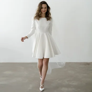 Короткое Свадебное платье 2022 Трапециевидной формы с длинными рукавами, Мини-Свадебное платье для женщин, Белое, Сшитое на заказ, Простое Abiti Da Sposa