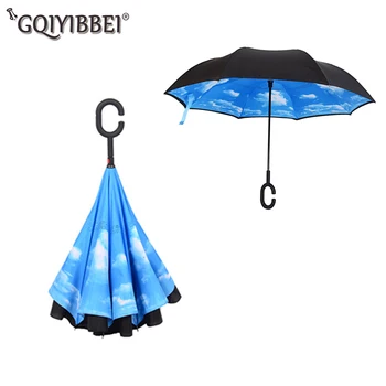 Креативный Двухслойный Зонт свободного стиля с длинным Хвостовиком, дождь, женский, мужской, Ветрозащитный, C-образный крючок, Мужской автомобиль для гольфа, Перевернутые зонты