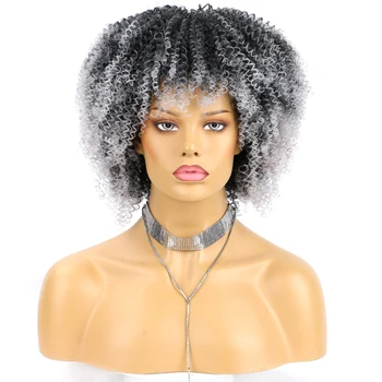 Кудрявый парик Curlu Afro, Синтетический Короткий Пружинистый парик, Черный, Серый, Из высокотемпературных волокон, Для ежедневного использования женщинами