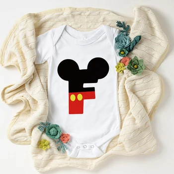 Летний Комбинезон для новорожденных Disney с Микки Маусом и буквенным принтом F, детский топ в стиле Харадзюку с короткими рукавами для девочек и мальчиков, Модные боди для малышей 0-24 м