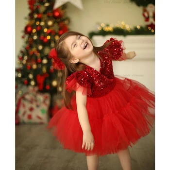 Милое расшитое блестками красное платье для Вечеринки в честь Дня рождения для маленькой девочки, Фатиновая пачка длиной до колен, платье Принцессы с цветочным рисунком для девочек, Праздничное Рождественское платье