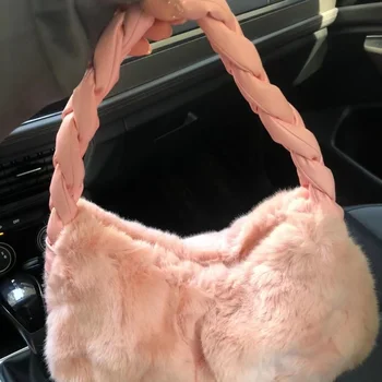 Милые сумки для женщин 2023, Новая Модная Нежная Элегантная однотонная плюшевая сумка, Дизайнерская сумка с милой плетеной тесьмой, Подмышечная сумка