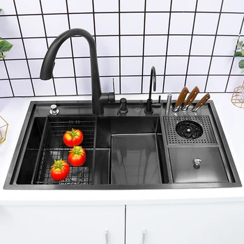 Многофункциональная кухонная раковина, черная Нано-раковина из нержавеющей стали, большая раковина с одной чашей, смеситель для раковины, кухонные аксессуары