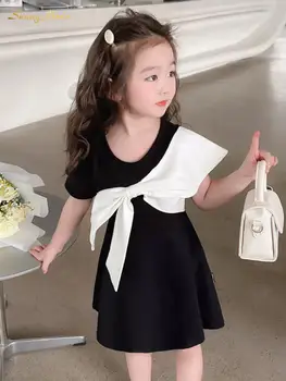 Модное платье принцессы в корейском стиле с бантом для маленьких девочек, черно-белое Простое и милое летнее платье принцессы в корейском стиле от 1 до 10 лет