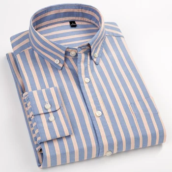 Мужская стильная полосатая рубашка из 100% хлопка Оксфорд с длинным рукавом и нагрудным карманом Стандартной посадки, умные повседневные толстые рубашки на пуговицах