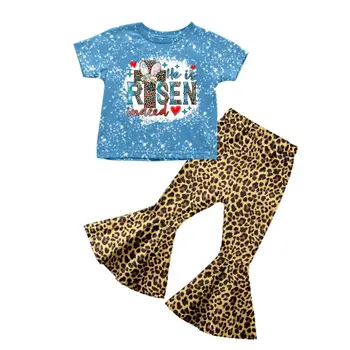 Новая детская модная одежда, Летняя Осенняя рубашка с короткими рукавами и принтом Кролика, Комплект леопардовых расклешенных штанов