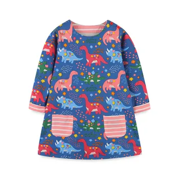 Новое поступление, детские платья для девочек, Хлопковые карманы с принтом динозавров, Осенне-весеннее платье принцессы с животными для малышей