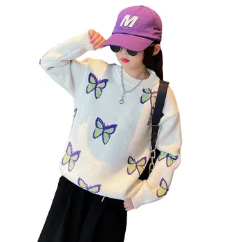 Новый весенне-осенний свитер для девочек, трикотаж, детские мягкие топы, детская одежда, Милая верхняя одежда с рисунком бабочки для малышей от 5 до 14 лет