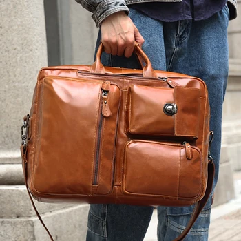 Новый деловой кожаный портфель, мужская сумка, многофункциональная мужская сумка через плечо в стиле ретро, 17-дюймовая компьютерная сумка из воловьей кожи