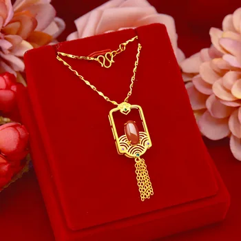 Ожерелье из чистого золота 14 к для женщин, свадебные украшения для помолвки, натуральный кристалл, драгоценный камень, длинная подвеска с кисточкой и красными камнями