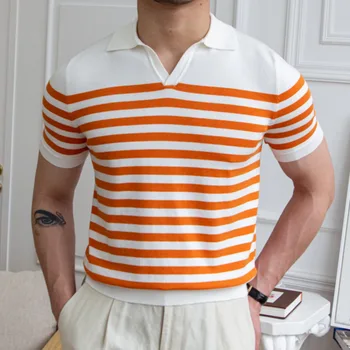 Оранжевое Повседневное Тонкое Поло в контрастную полоску с отворотом, Летняя трикотажная футболка с отворотом, Поло Camisa Hombre, Британская мужская Рубашка Mannen Polo