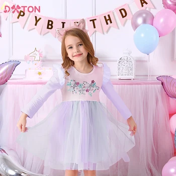 Платье принцессы DXTON для девочек, Расшитое цветочными блестками, Детское Праздничное платье-пачка, Платье с длинным рукавом для девочек, Одежда для Вечеринки по случаю Дня рождения