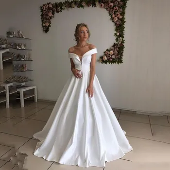 Простые Свадебные платья с открытыми плечами 2020, Атласные Свадебные платья Трапециевидной формы Со шнуровкой сзади, vestidos de noiva