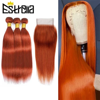 Прямые Пучки Имбирно-оранжевых человеческих волос с застежкой, Бразильское плетение волос с застежкой 4 × 4 Для наращивания женских волос Remy