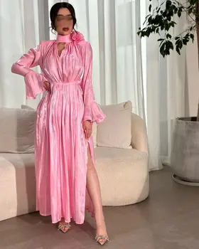 Розовые платья для официальных мероприятий с длинными рукавами и разрезом по бокам до щиколотки, Женские платья для выпускного вечера в Дубае, темпераментное вечернее платье