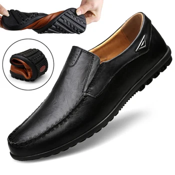 Роскошная брендовая мужская повседневная обувь из натуральной кожи, Лоферы без застежки, Дышащая черная обувь для вождения, мужские мокасины большого размера