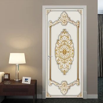 Самоклеящаяся Дверная Наклейка 3D Стерео Золото Обои с гипсовым Рисунком Европейский Стиль Гостиная Спальня Дверные наклейки 3D Живопись