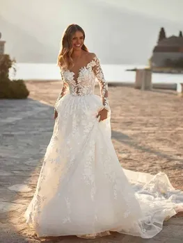 Свадебное платье TIXLEAR Boho с длинным рукавом, Трапециевидной Формы, Глубокий V-образный Вырез, Аппликации, Кружевной Шлейф, Vestidos De Novia, Vestidos De Novia