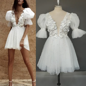 Свадебное платье для танцев с аппликацией в виде 3D Цветов мини-длины, рукав-фонарик, Глубокий V-образный вырез, без спинки, Свадебное платье из тюля в складку с жемчугом